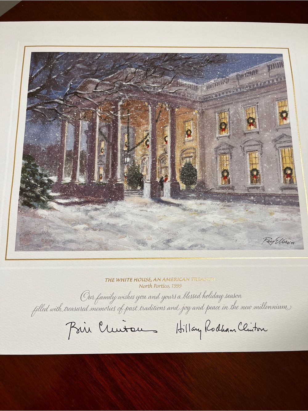 Large 1999 Bill Clinton White House Christmas gift print, signed by the Clintons